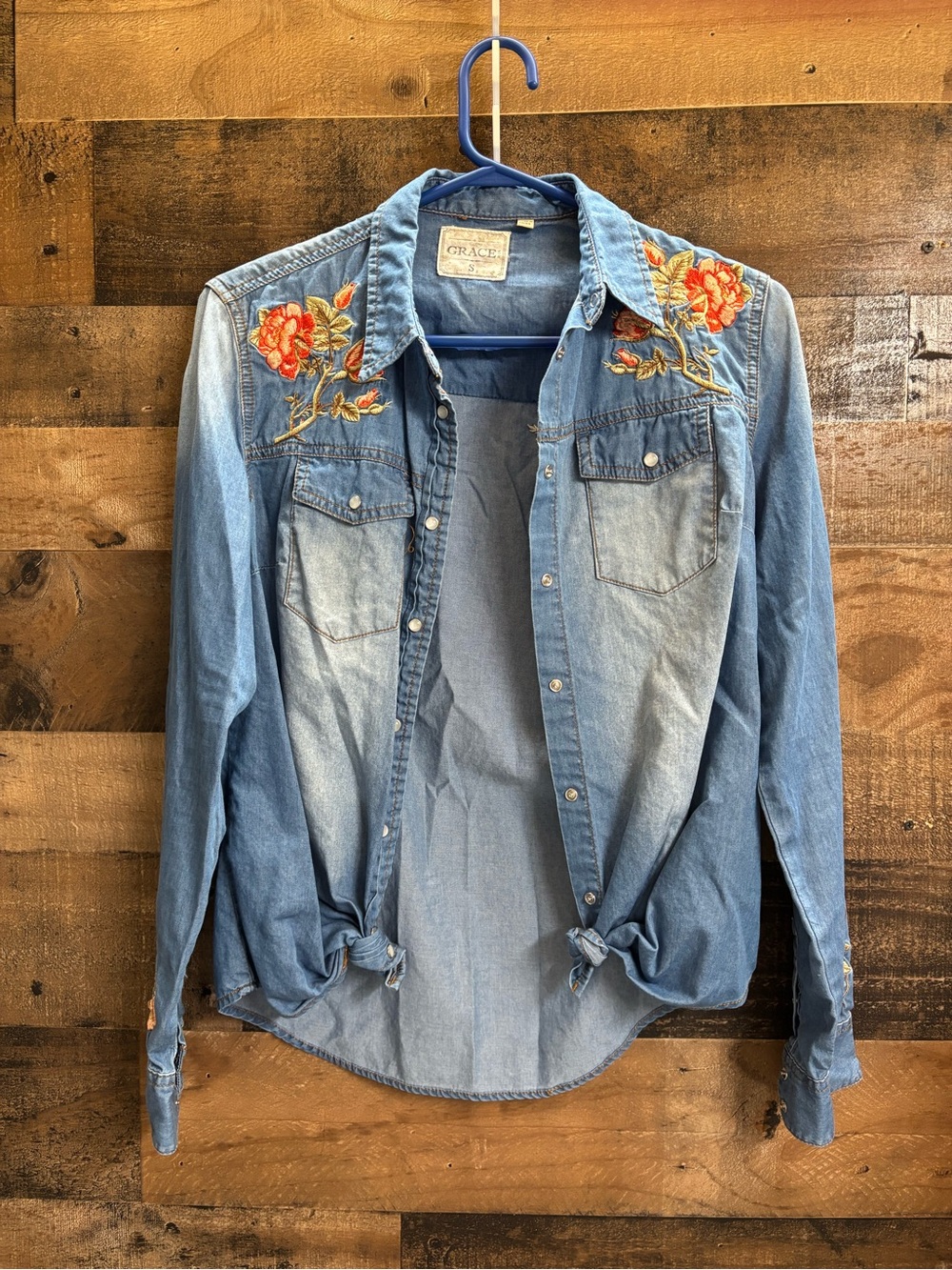 Grace Light Blue Denim Shirt with Orange Floral Embroidery EUC Size Small - Picture 3 of 13